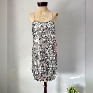 ONLY| NEW Silver mirrored sequin spaghetti strap mini slip dress. Size Large